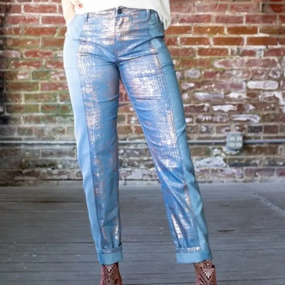 L&B Lucky & Blessed Boyfriend Jeans Gold Leaf Panel Light Wash Women's Size 14 - Picture 9 of 9